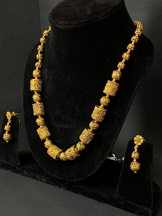 Golden Traditional Beaded Necklace Set with Matching Earrings