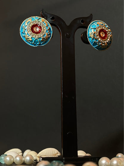 Meenakari Round Stud Earrings with Imitation Stone