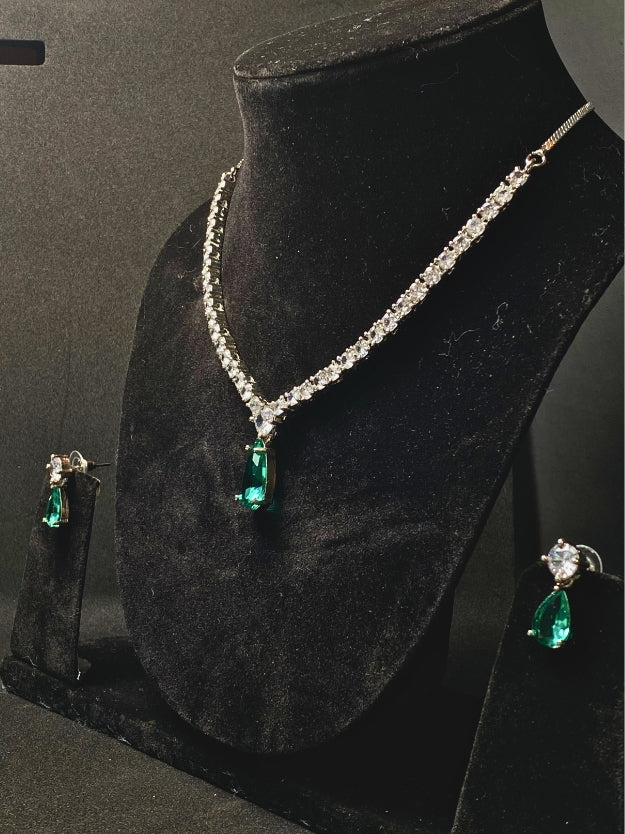 Party Wear AD Necklace Set with Emerald Green Drop