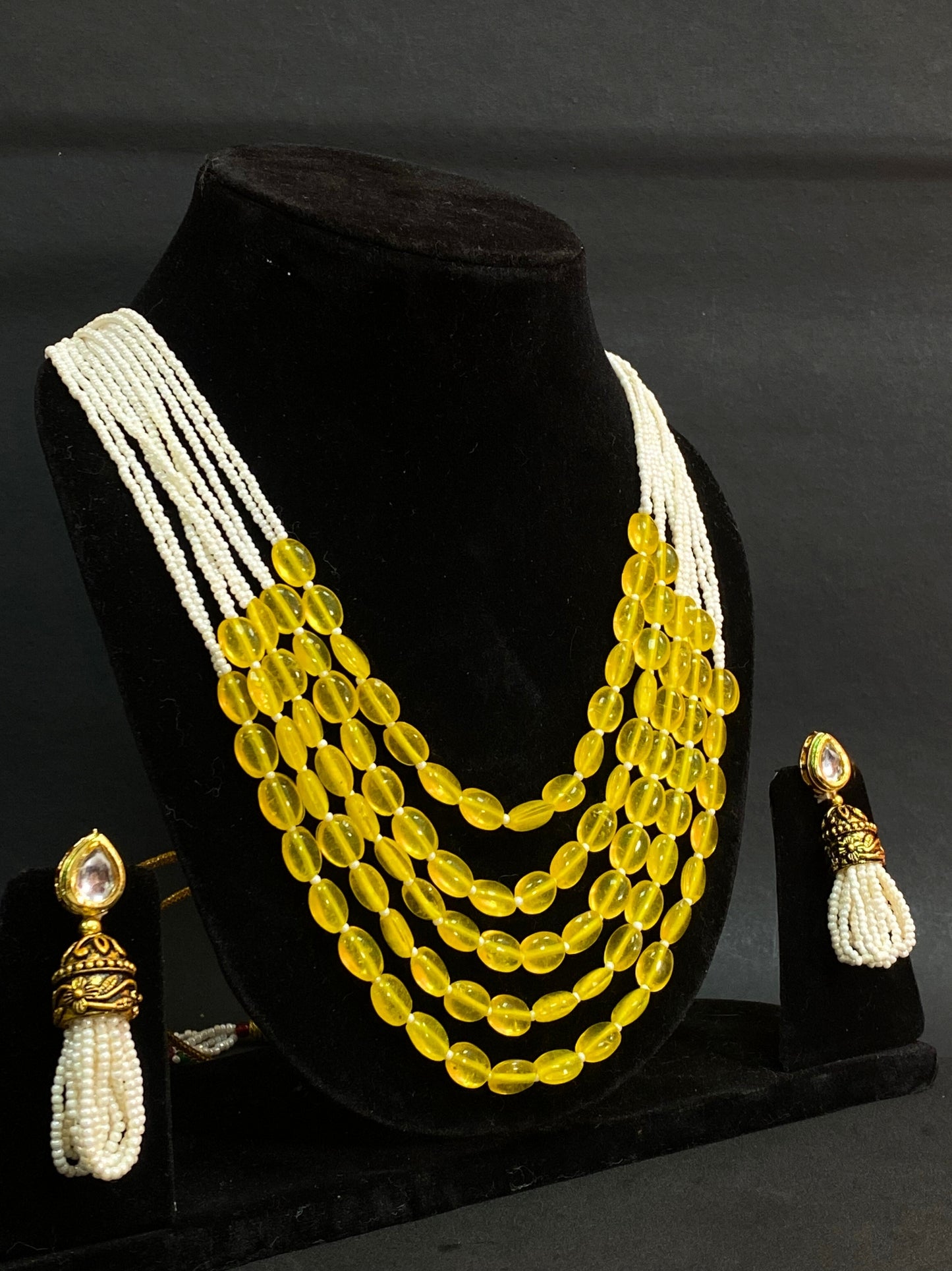 Yellow Beaded Multi Strand Long Necklace Set with White Seed Beads & Matching Earrings