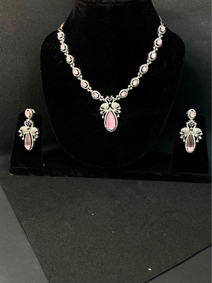 Premium Party Wear AD Necklace Set with Pink Drop Pendant