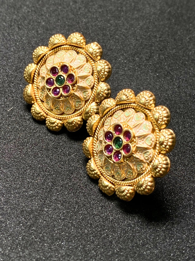 Traditional Gold Plated Flower Stud Earrings with Kemp Stones - Temple Jewelry Style Earrings for Women