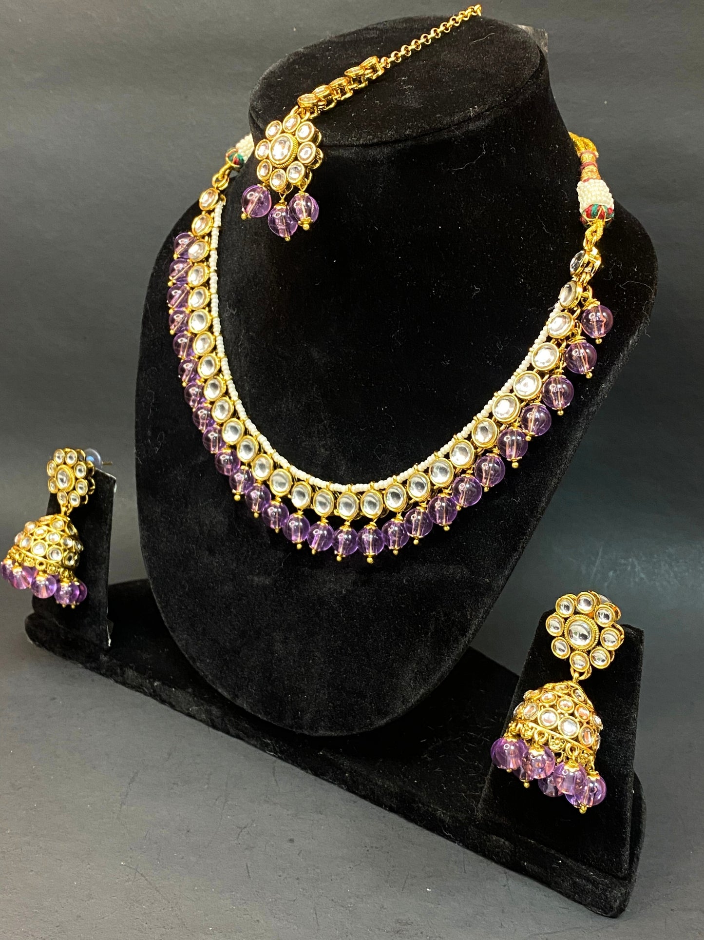 Traditional Kundan Jewellery Set with Jhumka & Purple Beads