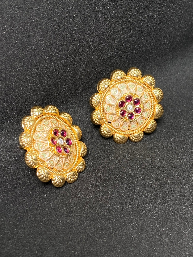 Traditional Gold Plated Flower Stud Earrings with Kemp Stones - Temple Jewelry Style Earrings for Women