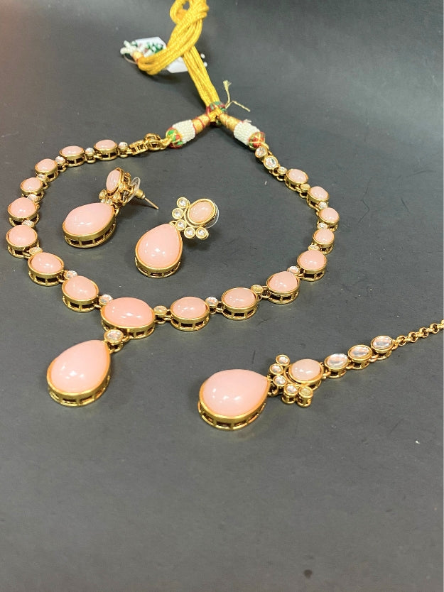 Elegant Pink Stone Gold-Plated Necklace, Earrings & Maang Tikka Jewellery Set