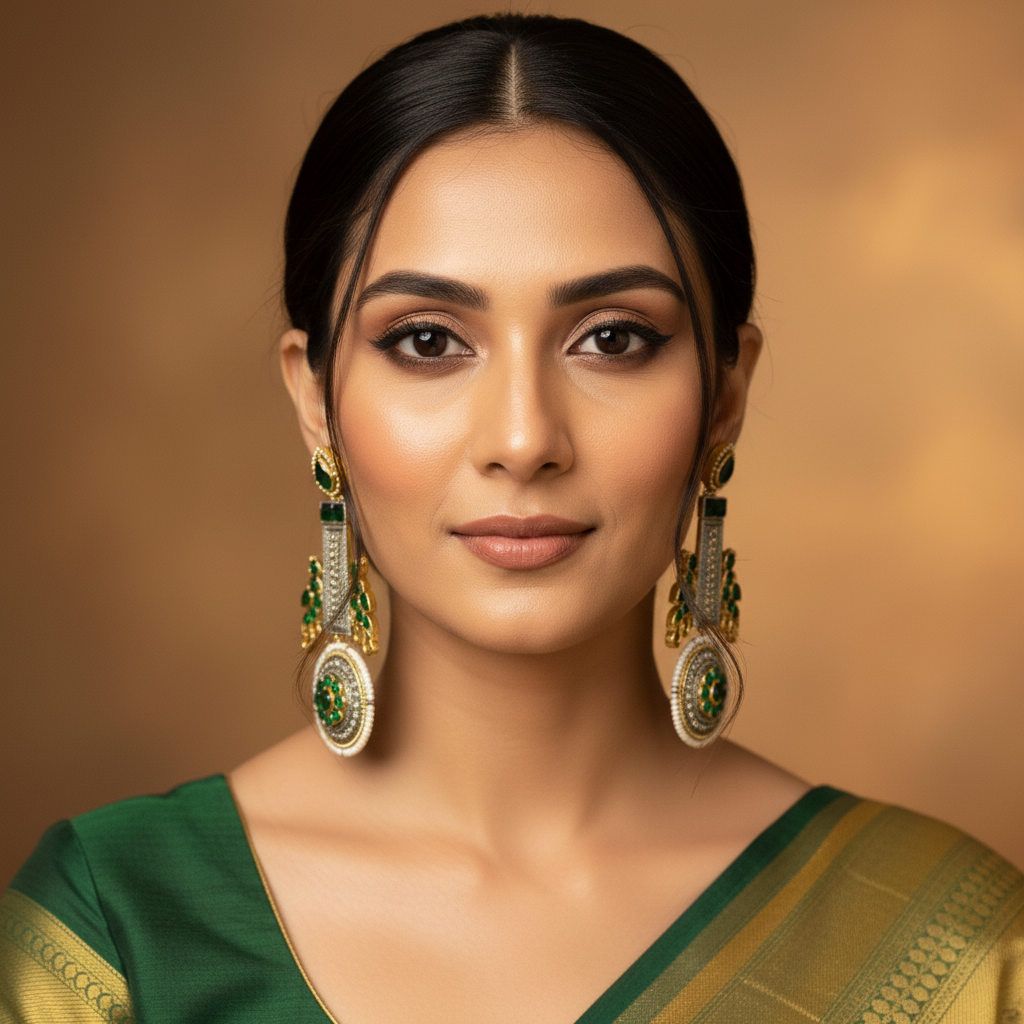 Oxidized Dual Tone Jhoomar Earrings with Green Kundan Stones