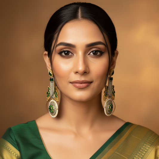 Oxidized Dual Tone Jhoomar Earrings with Green Kundan Stones