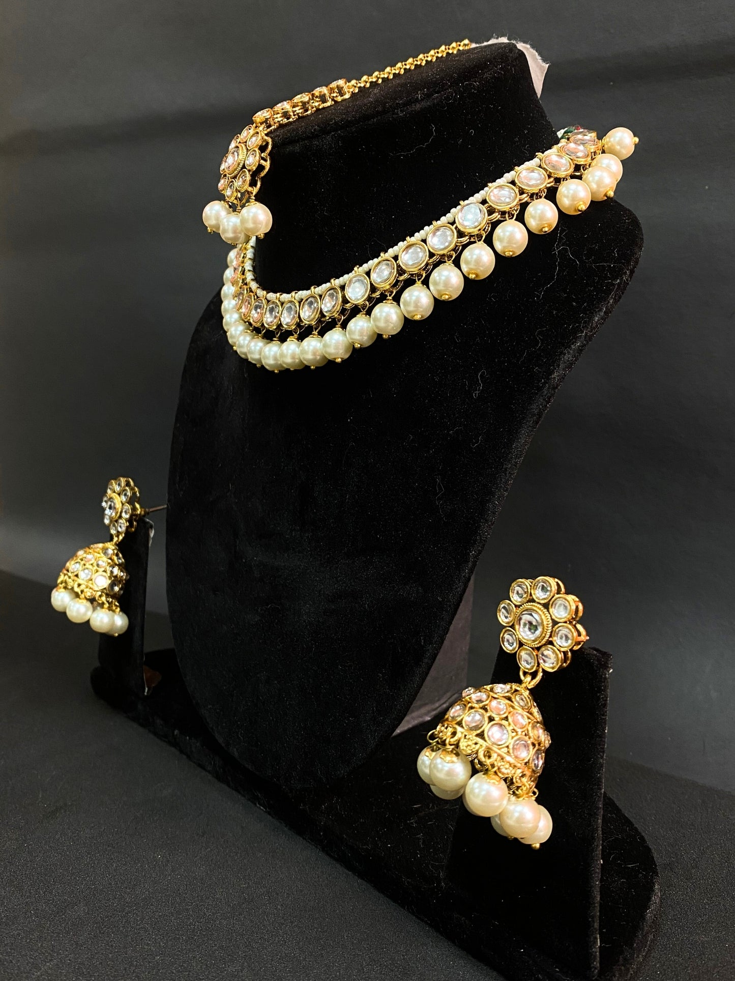 Gold Plated Kundan Pearl Choker Necklace Set with Maang Tikka & Jhumka Earrings