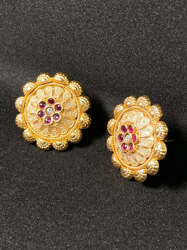 Traditional Gold Plated Flower Stud Earrings with Kemp Stones - Temple Jewelry Style Earrings for Women
