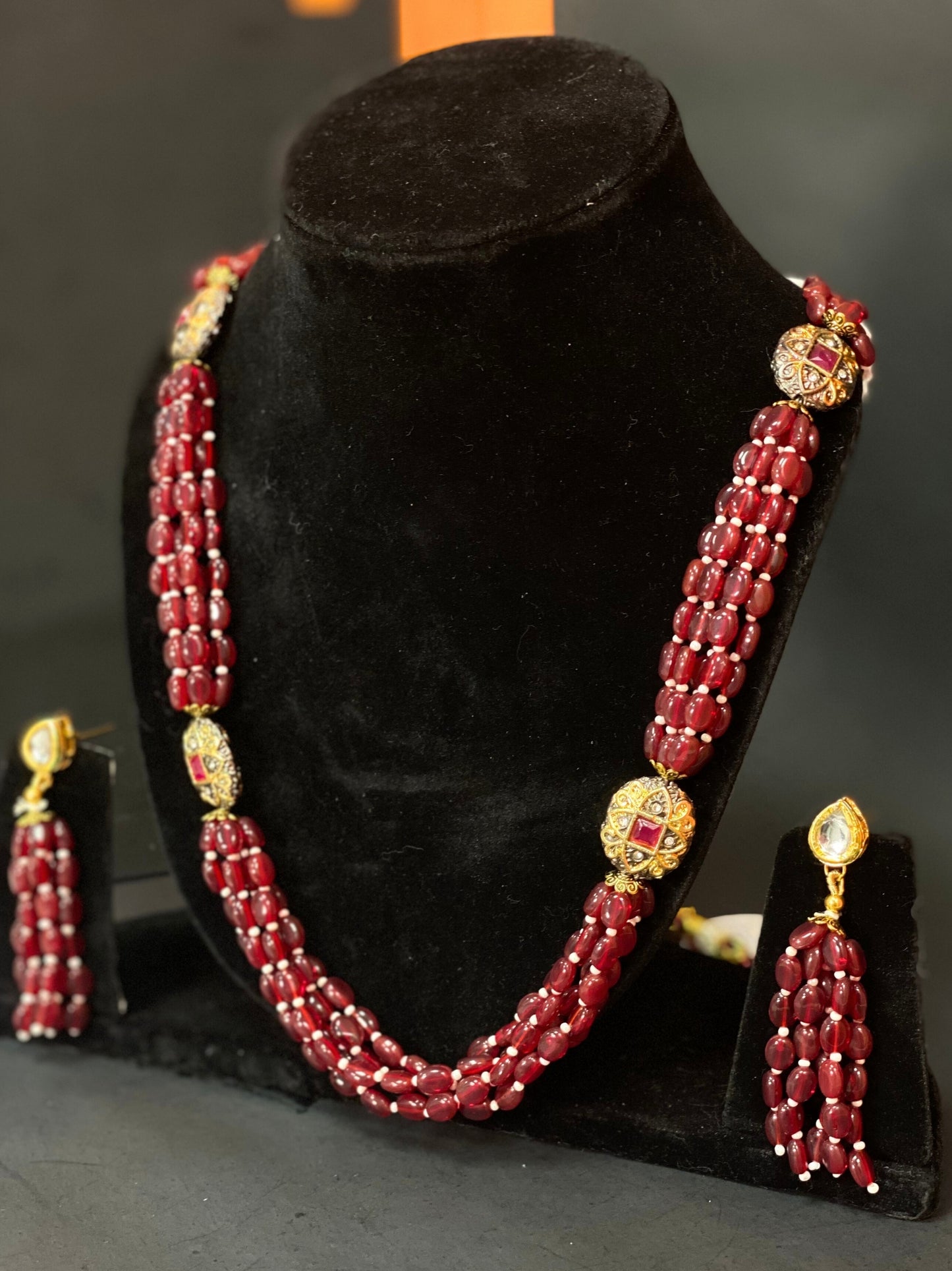 Maroon Beaded Multi Strand Long Necklace Set with Kundan Work & Matching Earrings