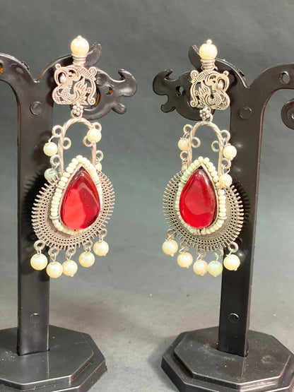 Traditional Oxidised Silver Red Tear-Drop Stone Dangler Earrings with Pearl Hangings