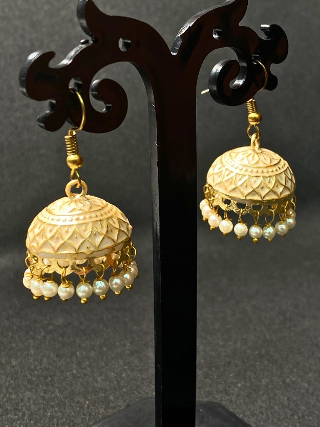 Meenakari Jhumka Earrings with Pearl Drops - Traditional Indian Ethnic Jewelry