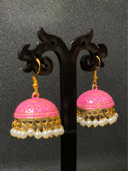 Meenakari Jhumka Earrings with Pearl Drops - Traditional Indian Ethnic Jewelry