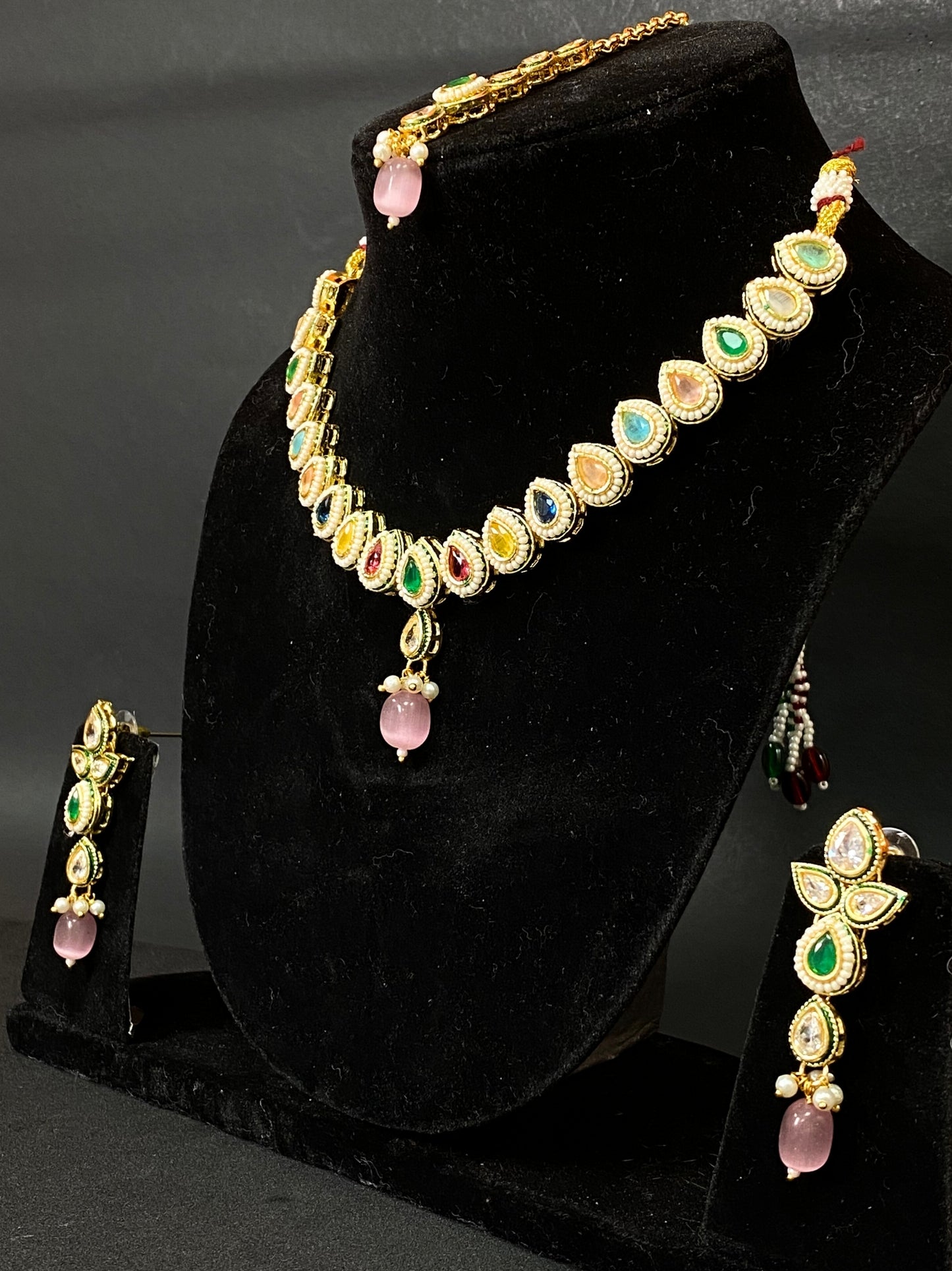 Multicolor Kundan Necklace Set with Pink Drop Pendant, Earrings & Maang Tikka