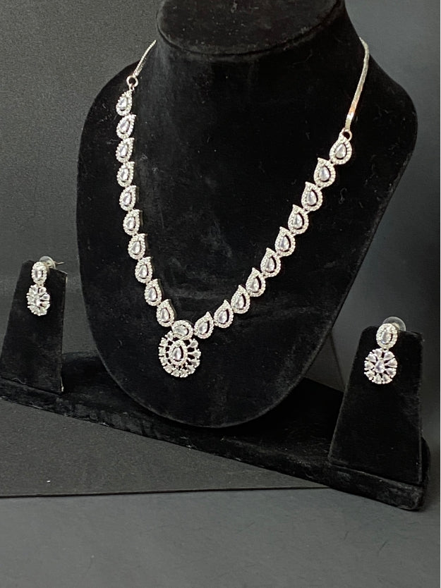 Designer Silver-Plated American Diamond Necklace Set with Matching Earrings