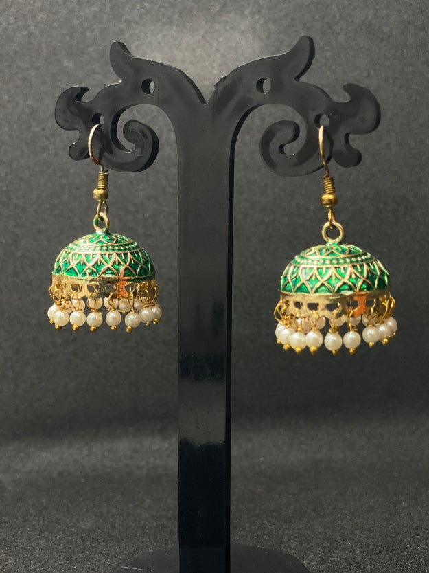 Meenakari Jhumka Earrings with Pearl Drops - Traditional Indian Ethnic Jewelry