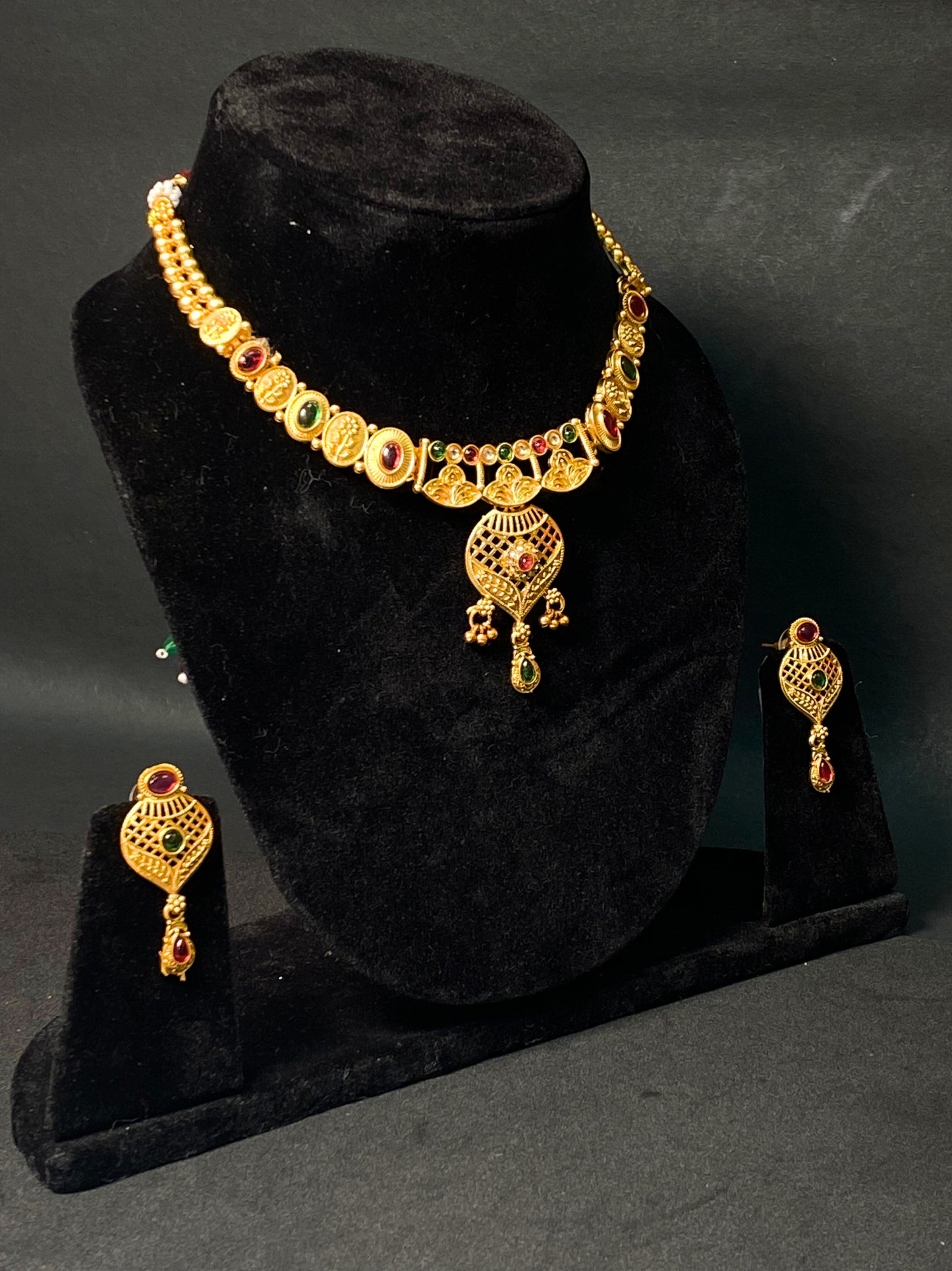 Traditional Necklace Set with Green & Red Stone Pendant and Matching Earrings