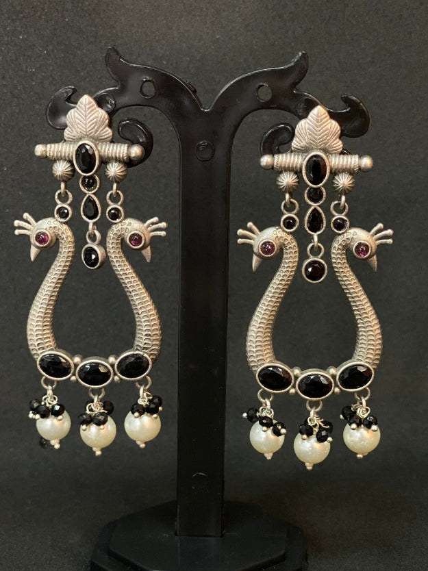 Trendy Oxidised Silver Peacock-Design Earrings with Black Stones & Pearl Beads