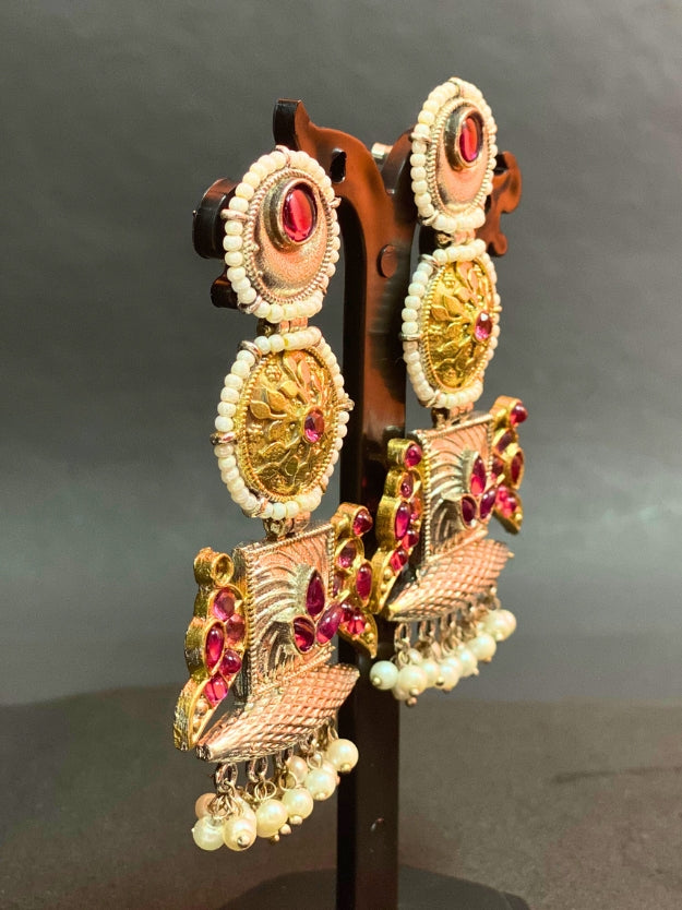 Traditional Oxidised & Gold-Plated Temple Earrings with Ruby Stones & Pearl Drops