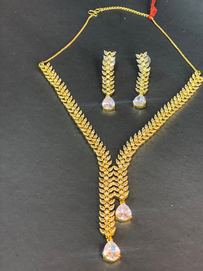 Contemporary Dainty V-Shape Necklace with Crystal Drop Earrings