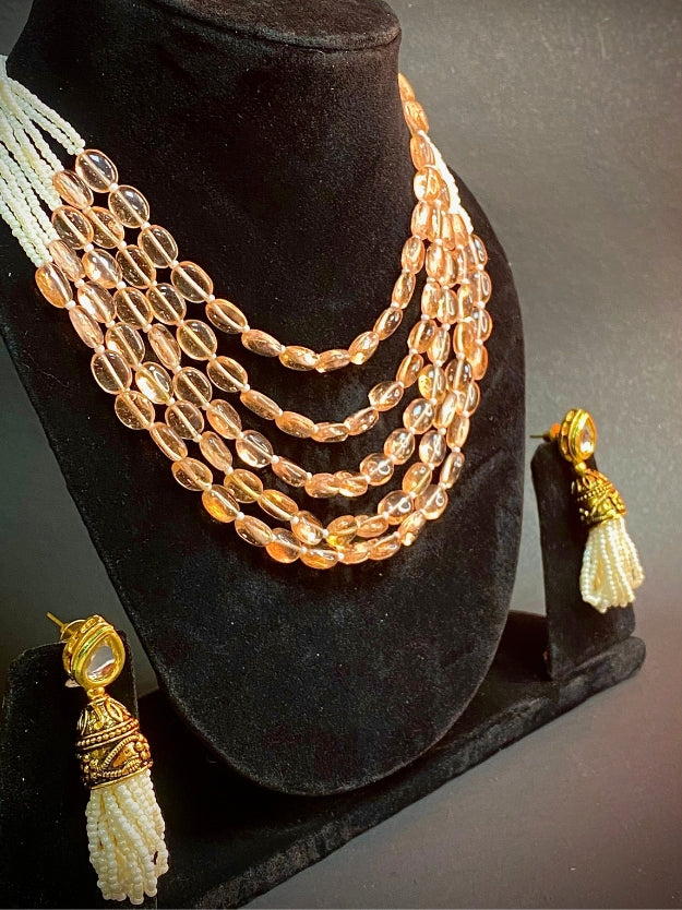 Multi-Layer Beaded Necklace with Pearl Tassel Earrings