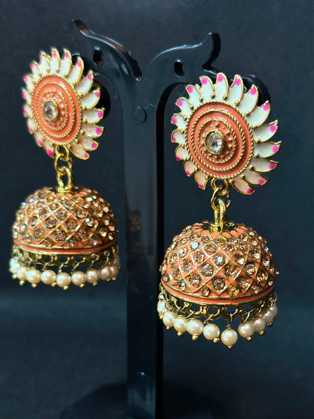 Orange & White Meenakari Jhumka Earrings with Pearl Drops