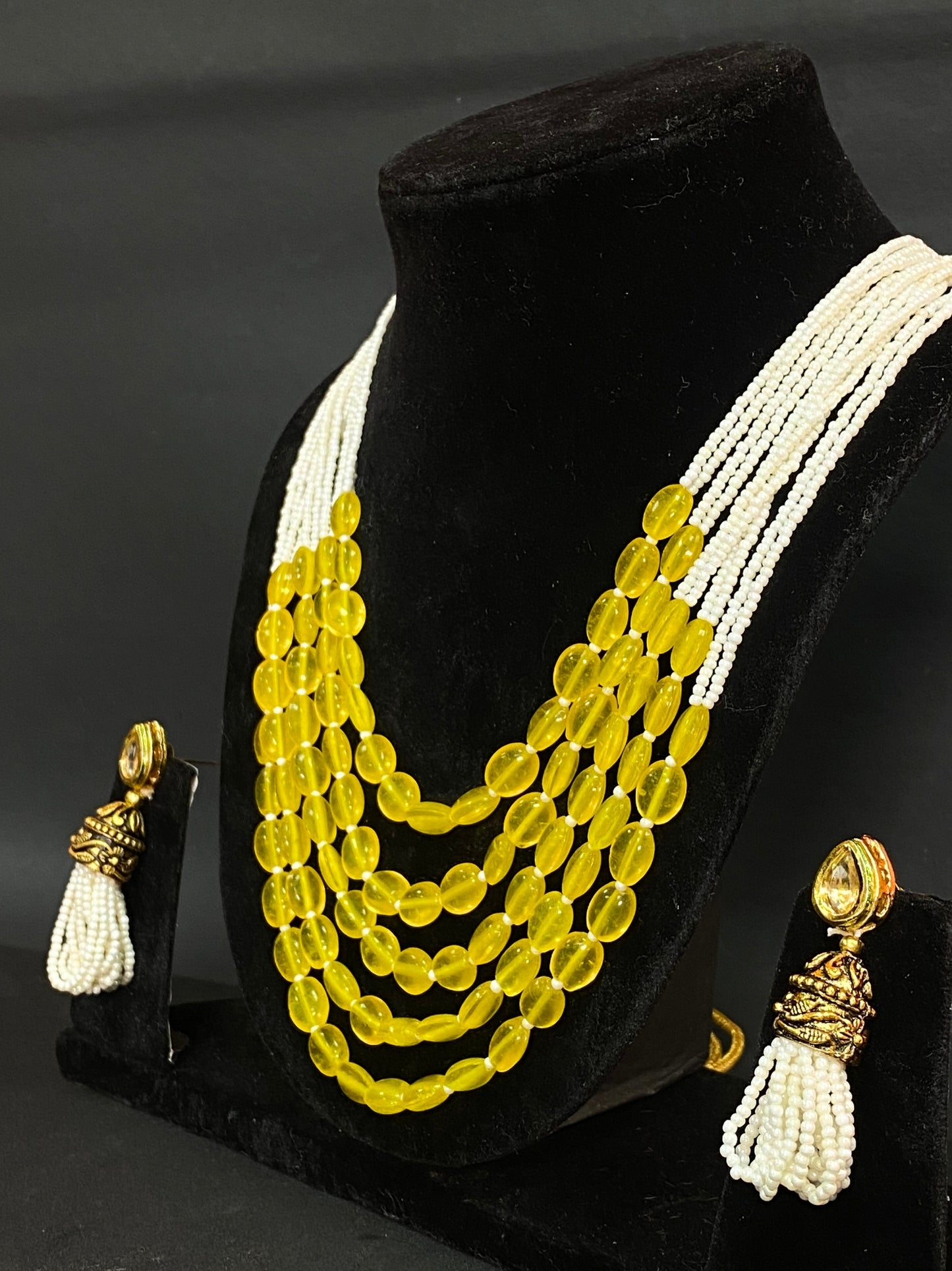 Yellow Beaded Multi Strand Long Necklace Set with White Seed Beads & Matching Earrings