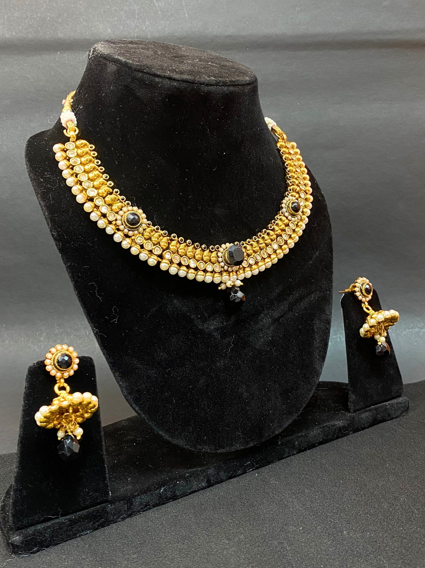 Traditional Party Wear Kundan & Pearl Necklace Set with Gold, Black & White Beads