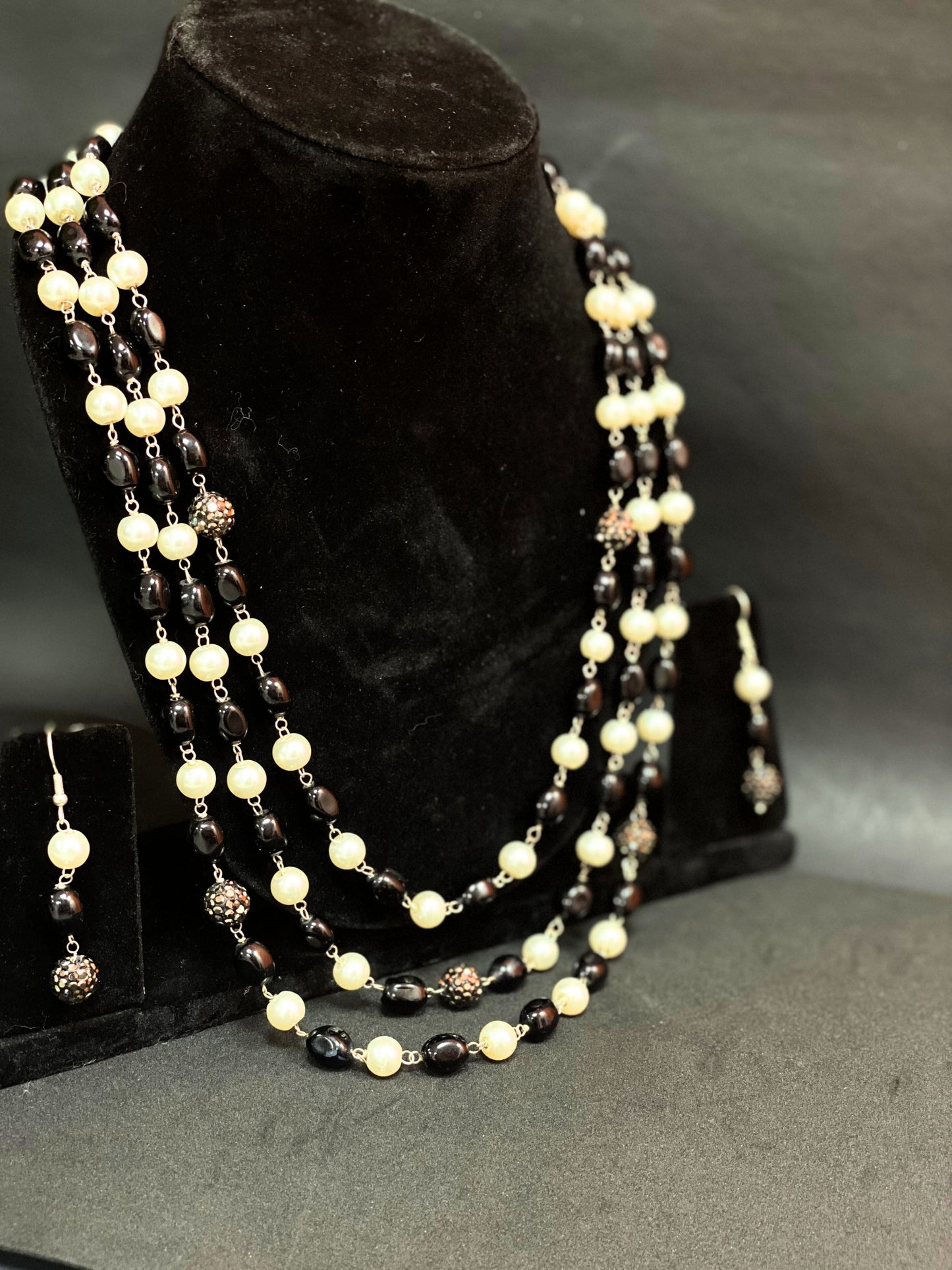 Black & Pearl Multi Layer Long Beaded Necklace Set with Matching Earrings