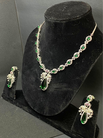 Premium Party Wear AD Necklace Set with Green Drop Pendant