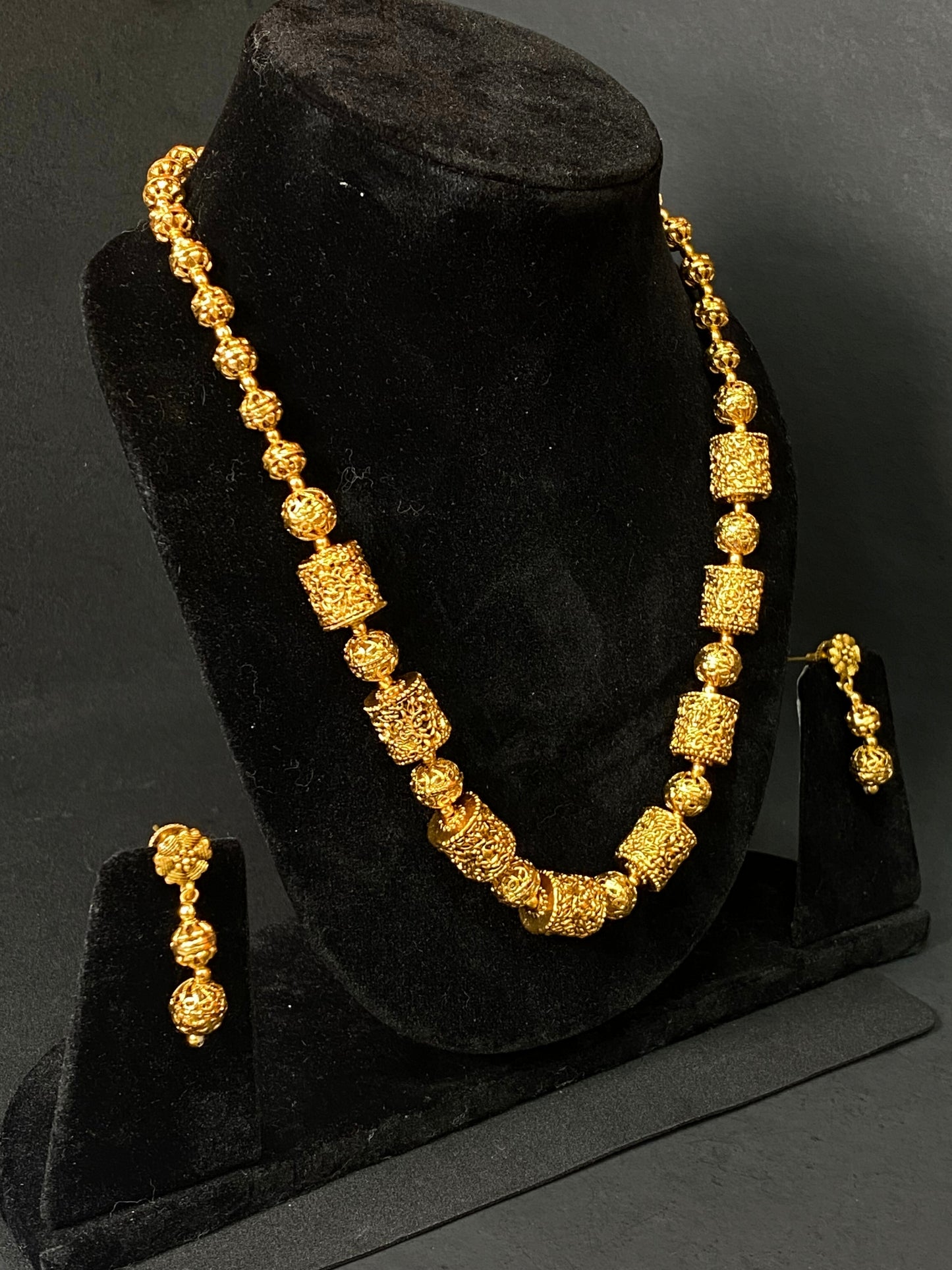 Golden Traditional Beaded Necklace Set with Matching Earrings
