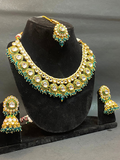 Designer Kundan Necklace Set with Green Beads & Maang Tikka