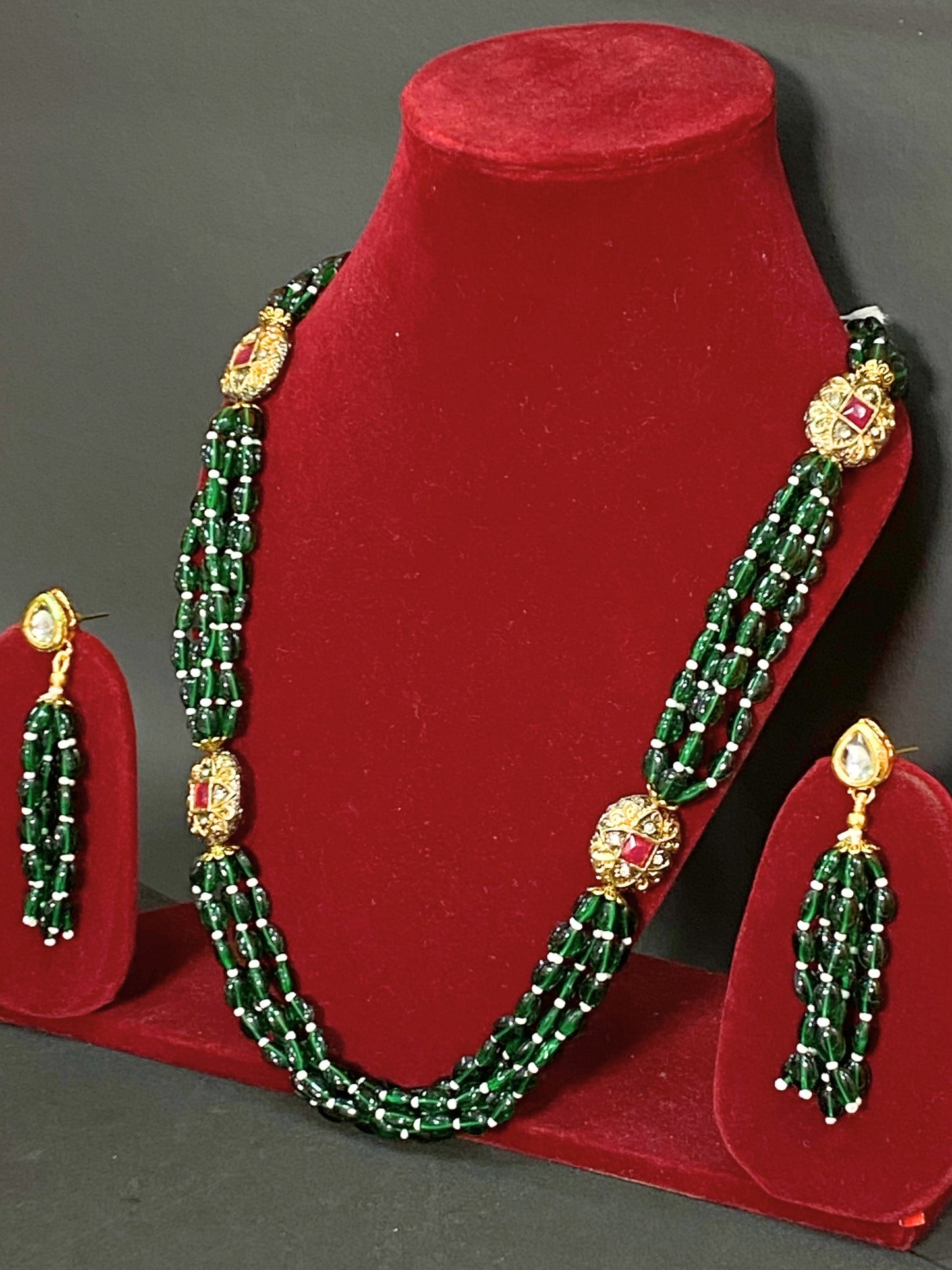 Green Beaded Multi Strand Long Necklace Set with Kundan Work & Matching Earrings