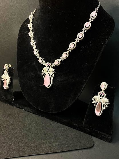 Premium Party Wear AD Necklace Set with Pink Drop Pendant