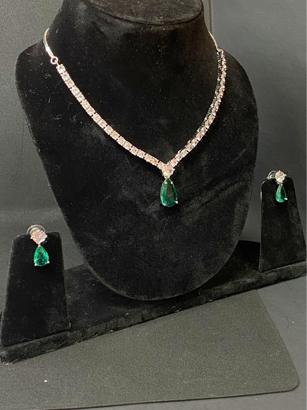 Party Wear AD Necklace Set with Emerald Green Drop