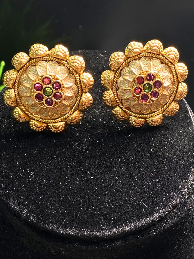 Traditional Gold Plated Flower Stud Earrings with Kemp Stones - Temple Jewelry Style Earrings for Women