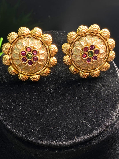 Traditional Gold Plated Flower Stud Earrings with Kemp Stones - Temple Jewelry Style Earrings for Women