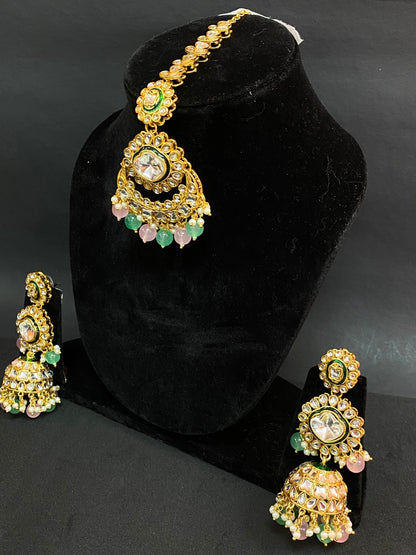 Kundan Maang Tikka & Jhumka Earrings Set with Green Pink Beads