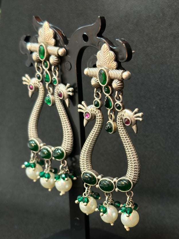 Oxidised Silver Peacock-Design Earrings with Green Stones & Pearl Beads