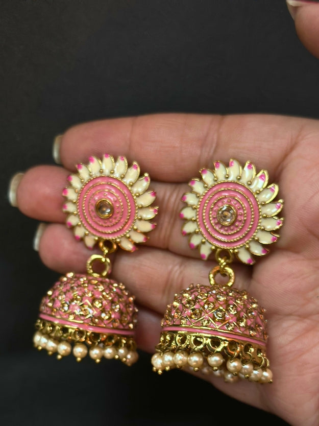 Designer Pink & White Meenakari Jhumka Earrings with Pearl Drops