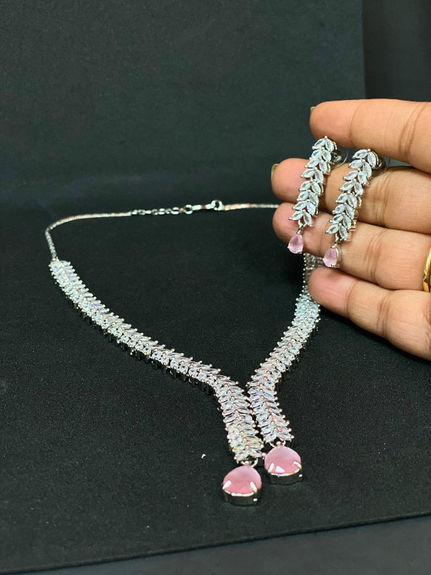 Party Wear Silver Finish AD Jewellery Set with Pink Crystal Drops
