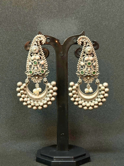 Oxidised Silver Jhumka Earrings with Silver Pearl & Green Stone Detailing