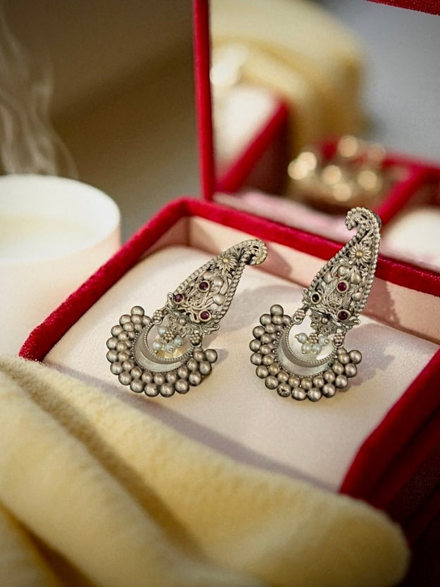 Traditional Oxidised Silver Jhumka Earrings with Stone Detailing