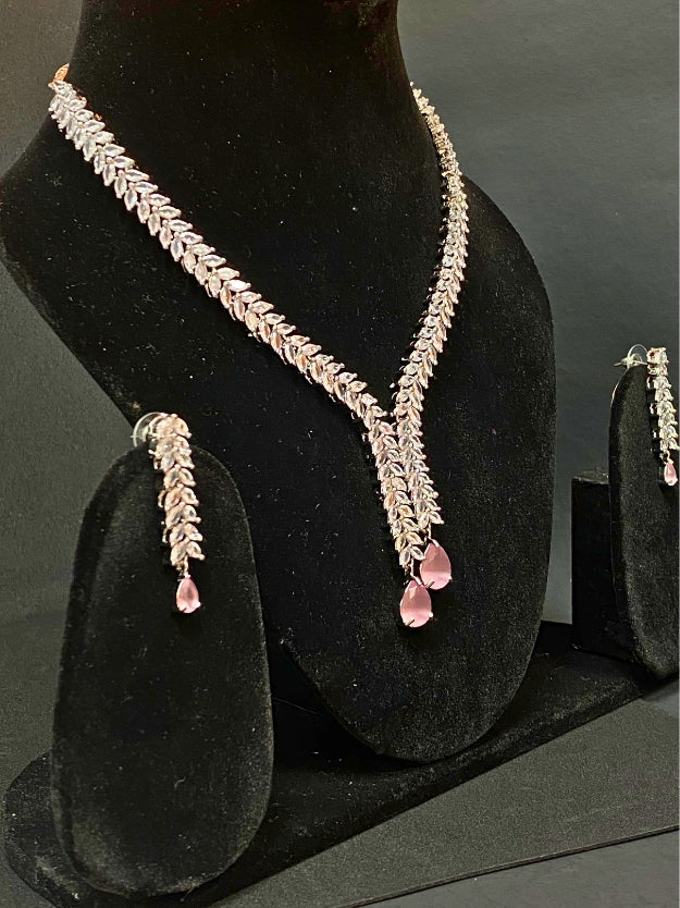 Party Wear Silver Finish AD Jewellery Set with Pink Crystal Drops