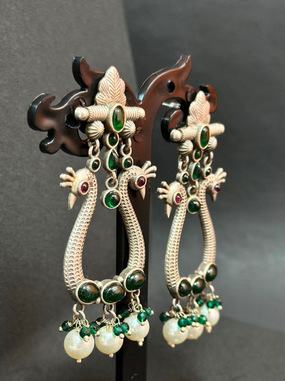Oxidised Silver Peacock-Design Earrings with Green Stones & Pearl Beads