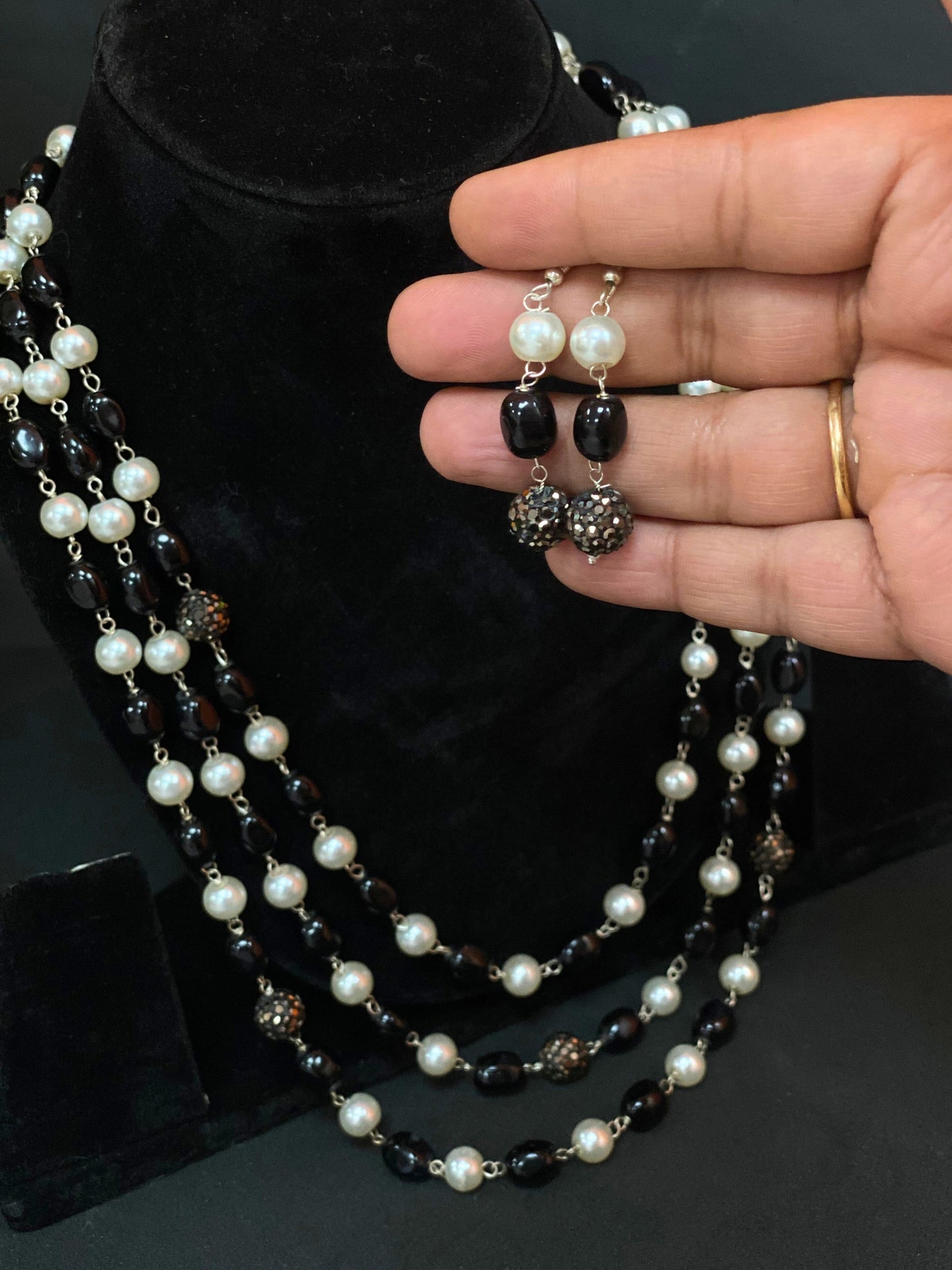 Black & Pearl Multi Layer Long Beaded Necklace Set with Matching Earrings
