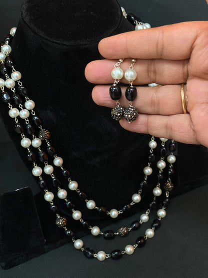 Black & Pearl Multi Layer Long Beaded Necklace Set with Matching Earrings