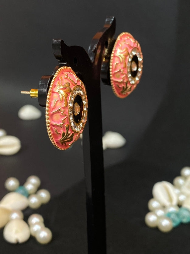 Meenakari Round Stud Earrings with Imitation Stone