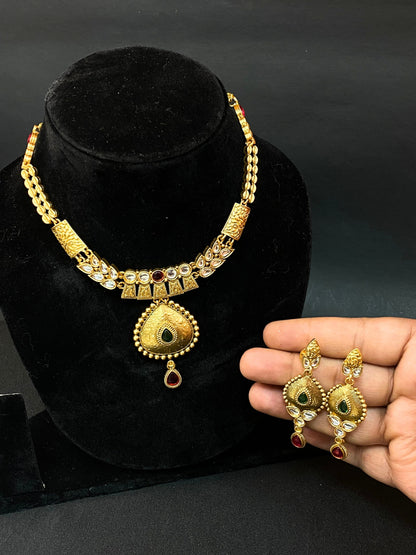 Elegant Gold Plated Kundan Necklace Set with Earrings for Women