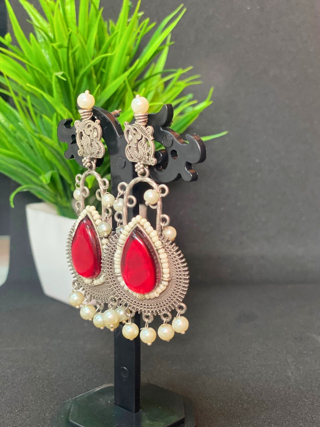 Traditional Oxidised Silver Red Tear-Drop Stone Dangler Earrings with Pearl Hangings